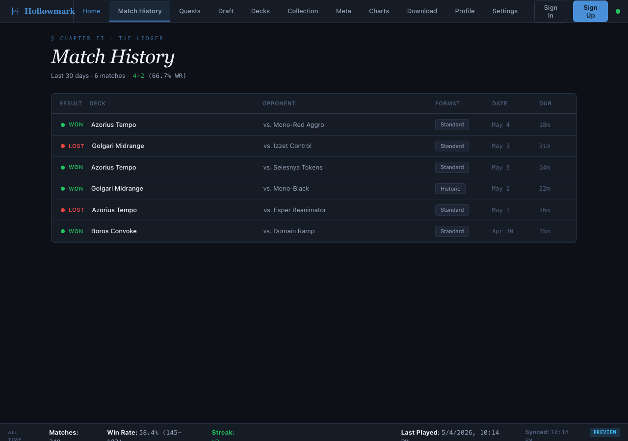 Match history table listing recent games with result, deck, opponent, format, date and duration